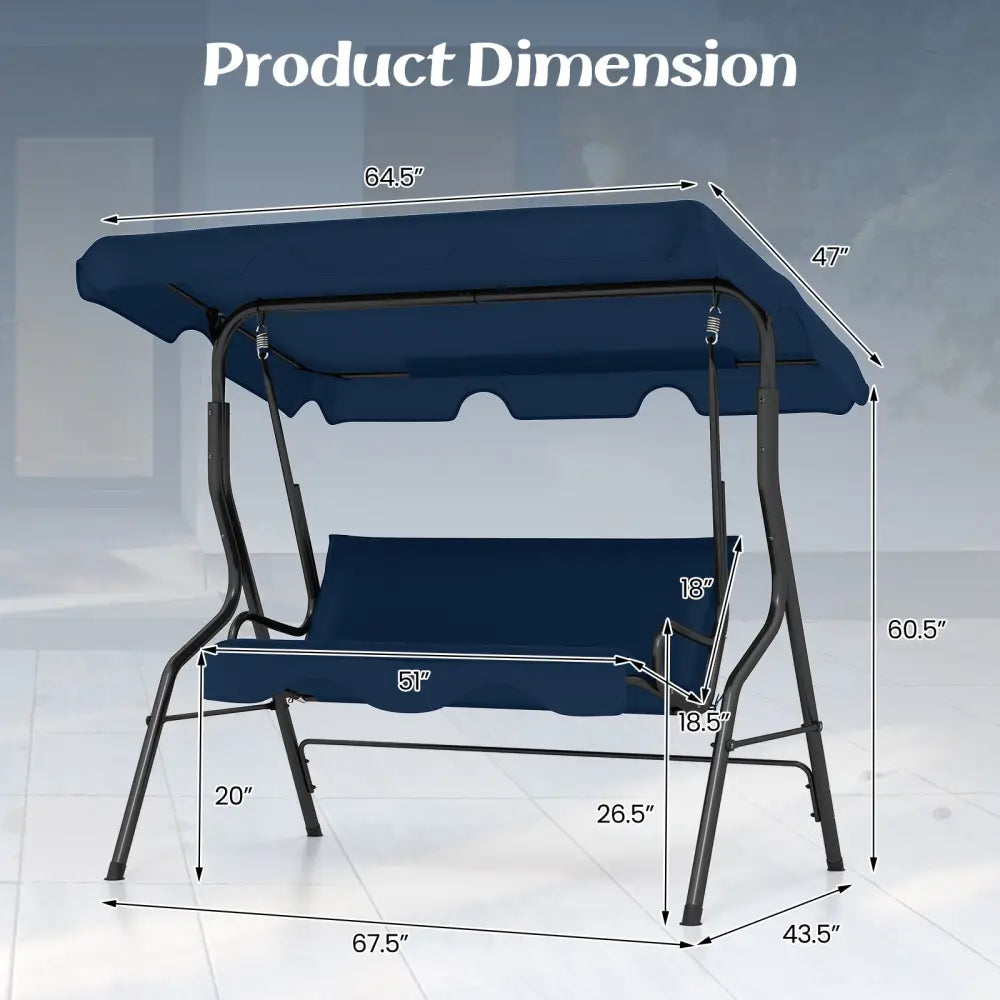 3-Seat Outdoor Patio Canopy Swing with Cushioned Steel Frame-Navy - Navy - Porch Swings