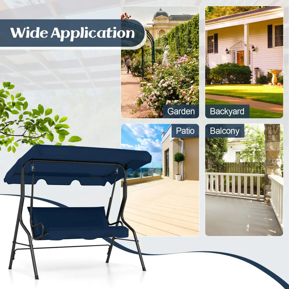 3-Seat Outdoor Patio Canopy Swing with Cushioned Steel Frame-Navy - Navy - Porch Swings