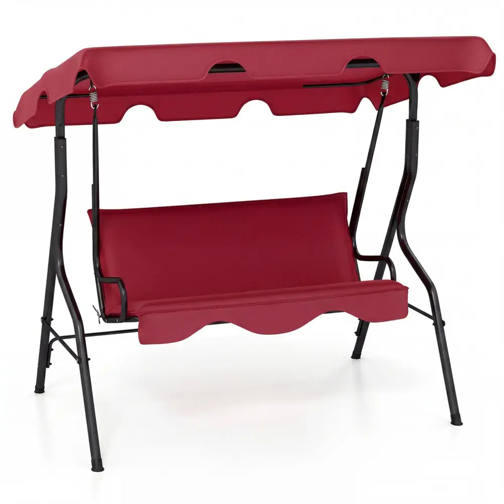 3 Seat Outdoor Patio Canopy Swing with Cushioned Steel Frame - Red - Porch Swings