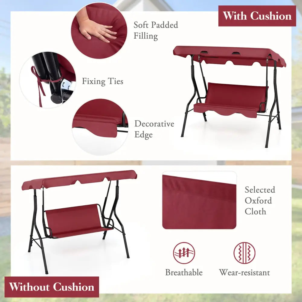 3 Seat Outdoor Patio Canopy Swing with Cushioned Steel Frame - Red - Porch Swings