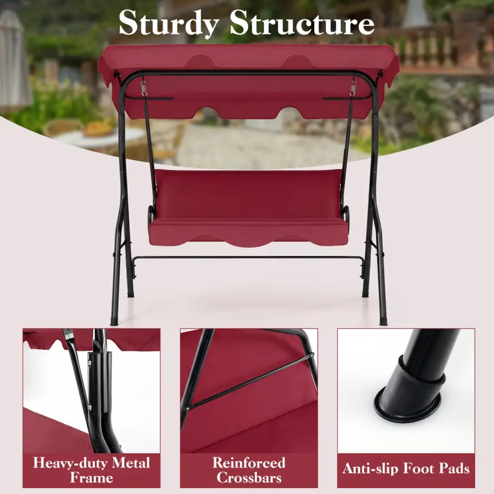 3 Seat Outdoor Patio Canopy Swing with Cushioned Steel Frame - Red - Porch Swings