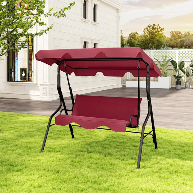 3 Seat Outdoor Patio Canopy Swing with Cushioned Steel Frame - Red - Porch Swings