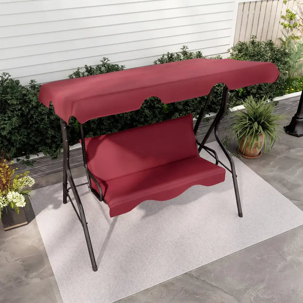3 Seat Outdoor Patio Canopy Swing with Cushioned Steel Frame - Red - Porch Swings
