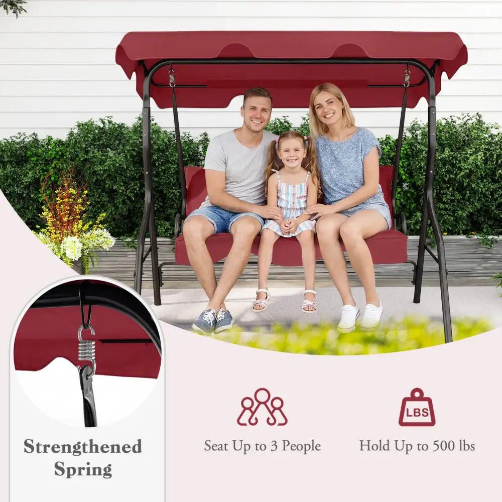 3 Seat Outdoor Patio Canopy Swing with Cushioned Steel Frame - Red - Porch Swings