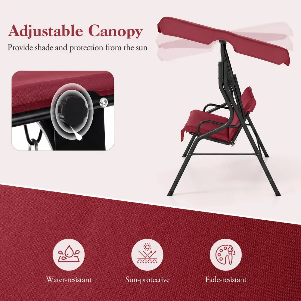 3 Seat Outdoor Patio Canopy Swing with Cushioned Steel Frame - Red - Porch Swings
