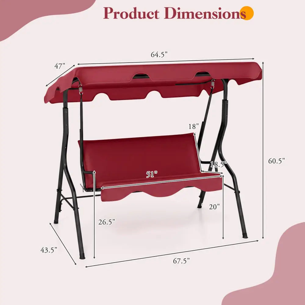 3 Seat Outdoor Patio Canopy Swing with Cushioned Steel Frame - Red - Porch Swings