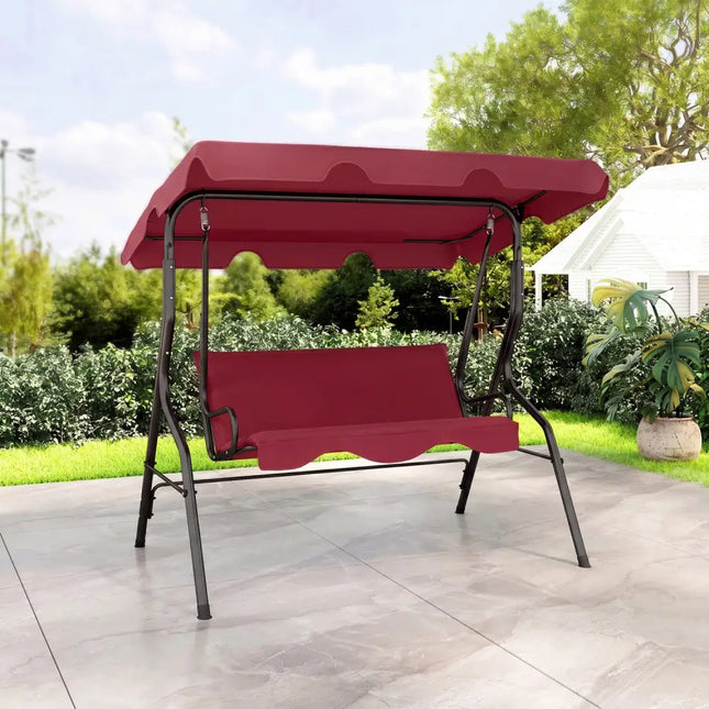3 Seat Outdoor Patio Canopy Swing with Cushioned Steel Frame - Red - Porch Swings