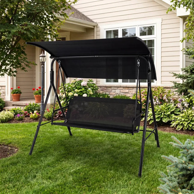 3-Seat Outdoor Patio Swing Chair with Breathable Mesh Fabrics-Beige - Beige - Porch Swings