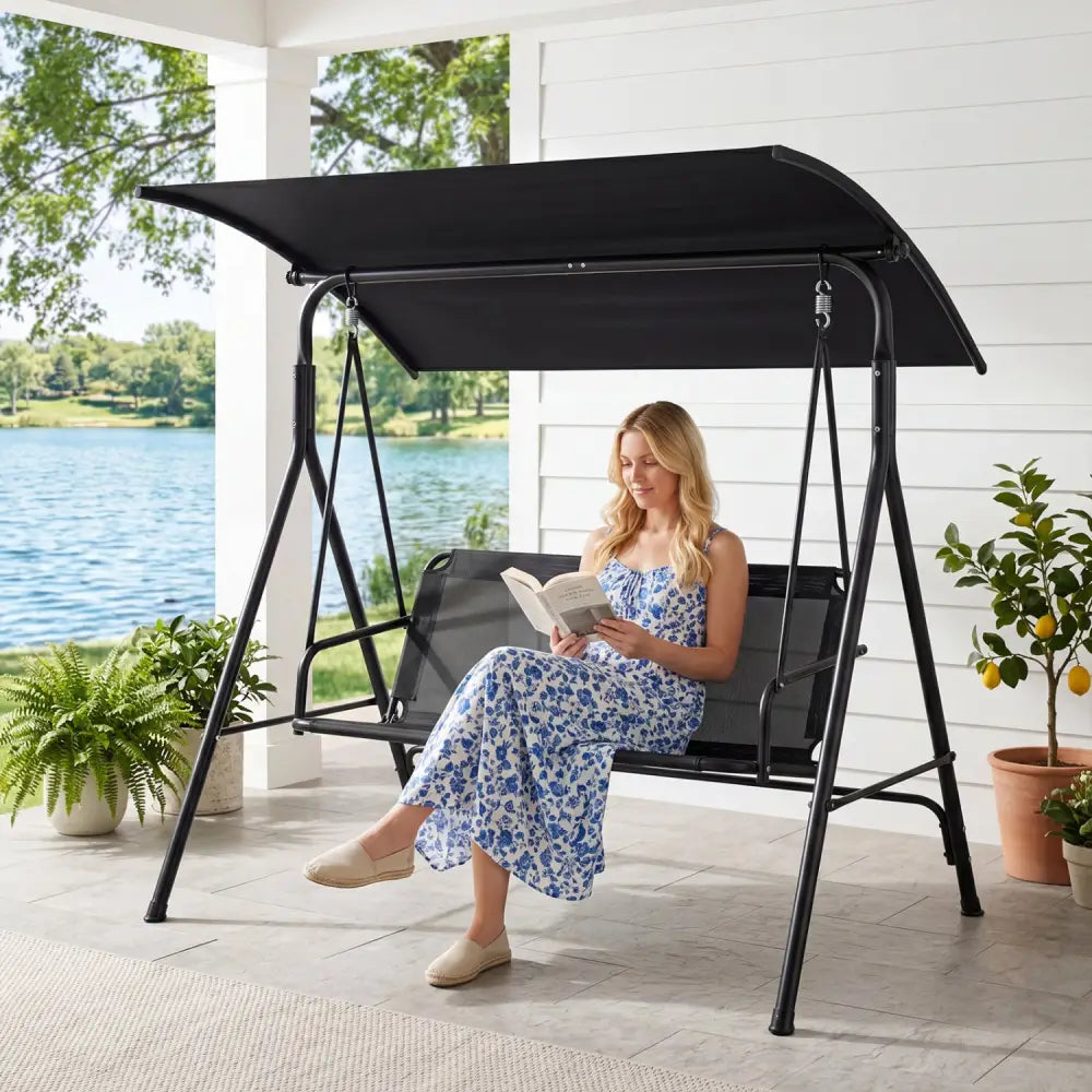 3-Seat Outdoor Patio Swing Chair with Breathable Mesh Fabrics-Black - Black - Porch Swings