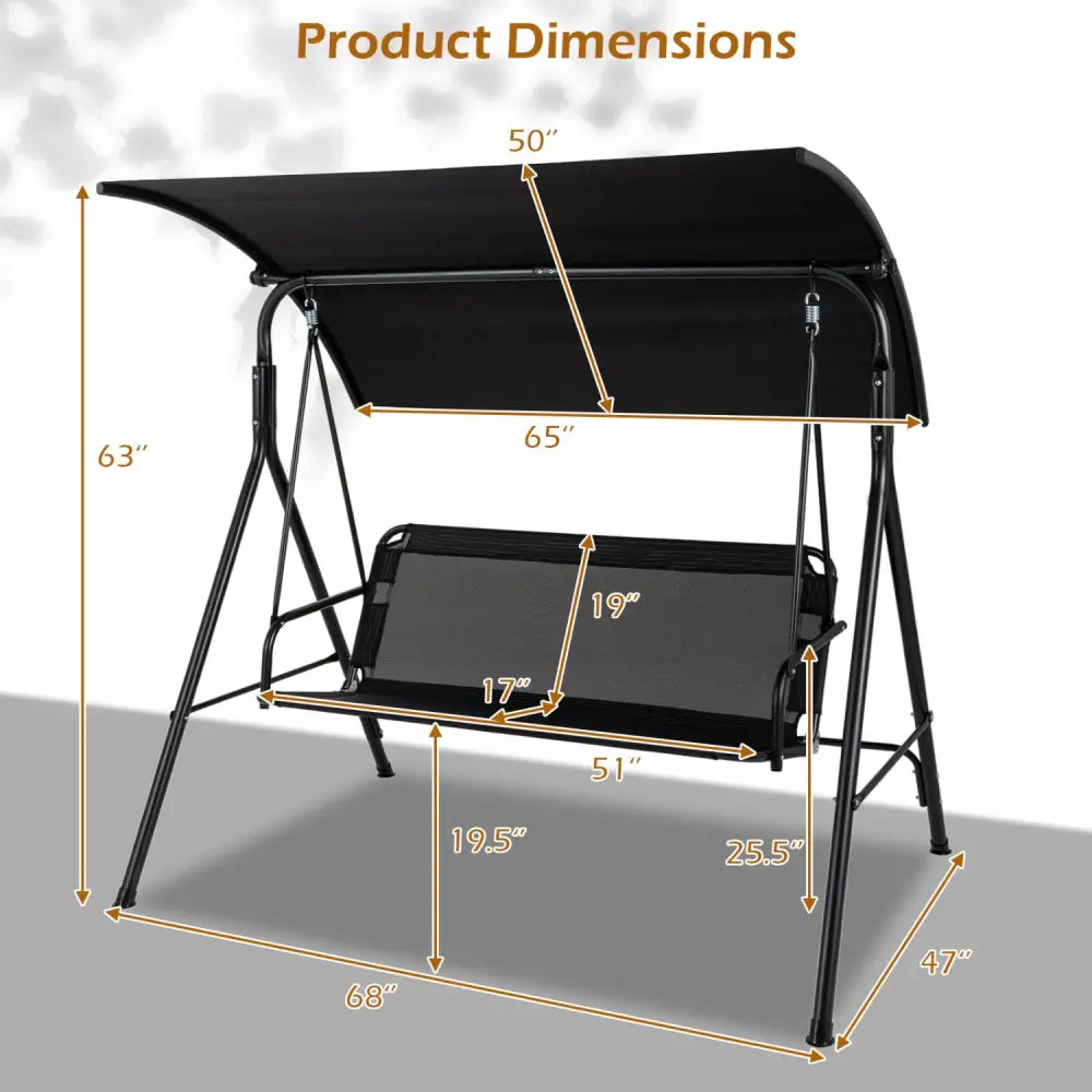 3-Seat Outdoor Patio Swing Chair with Breathable Mesh Fabrics-Black - Black - Porch Swings