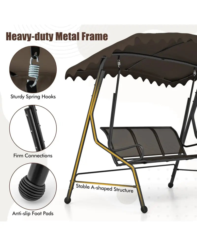 3-Seat Outdoor Porch Canopy Swing with Adjustable Shading-Brown - Brown - Porch Swings