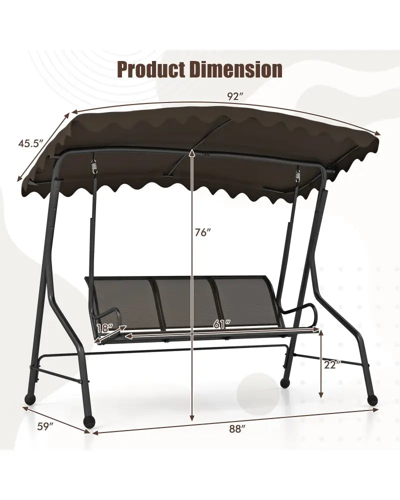 3-Seat Outdoor Porch Canopy Swing with Adjustable Shading-Brown - Brown - Porch Swings