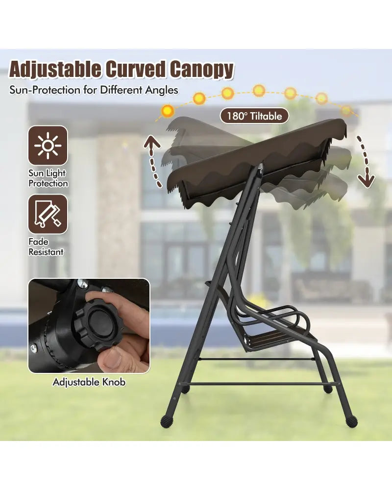 3-Seat Outdoor Porch Canopy Swing with Adjustable Shading-Brown - Brown - Porch Swings