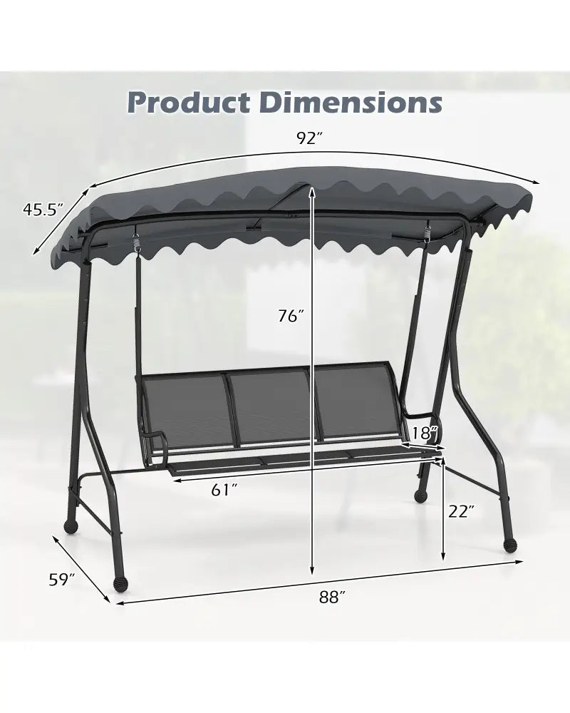 3-Seat Outdoor Porch Canopy Swing with Adjustable Shading-Gray - Gray - Porch Swings