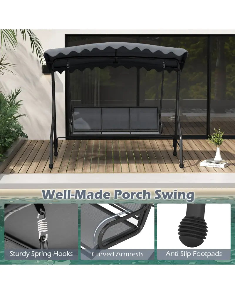 3-Seat Outdoor Porch Canopy Swing with Adjustable Shading-Gray - Gray - Porch Swings