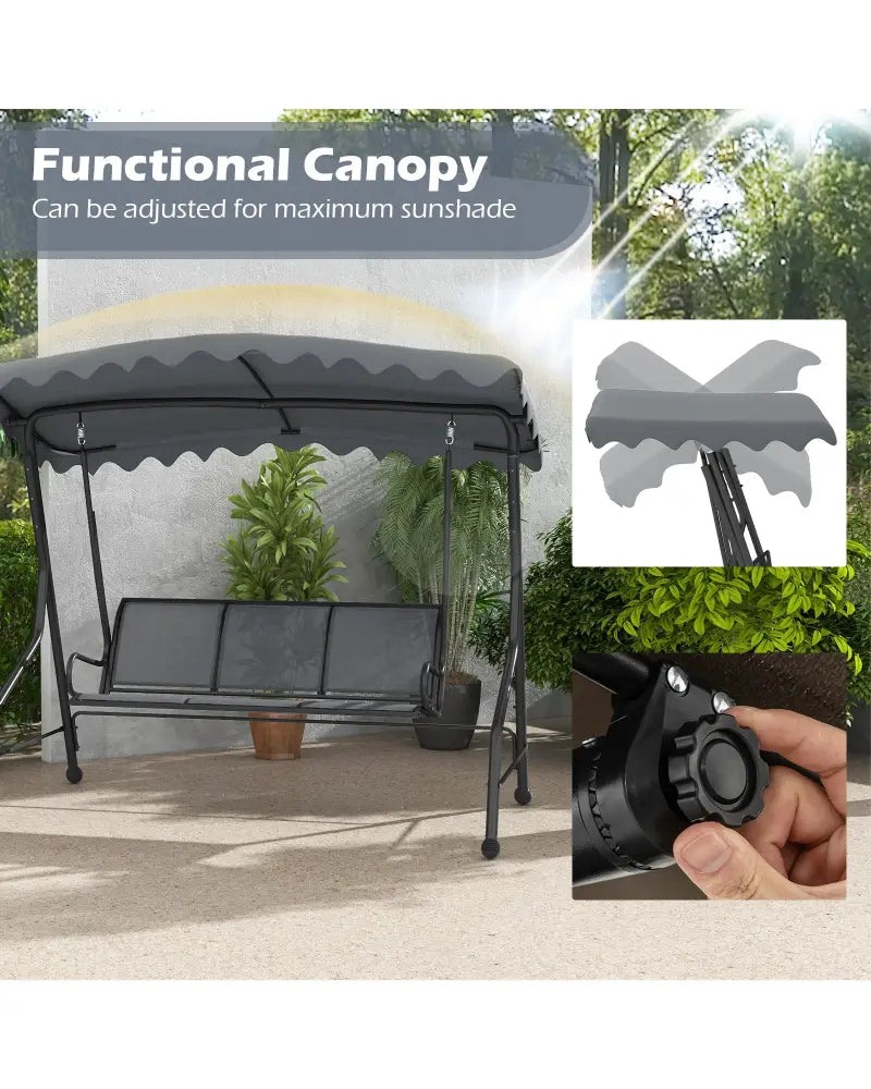 3-Seat Outdoor Porch Canopy Swing with Adjustable Shading-Gray - Gray - Porch Swings