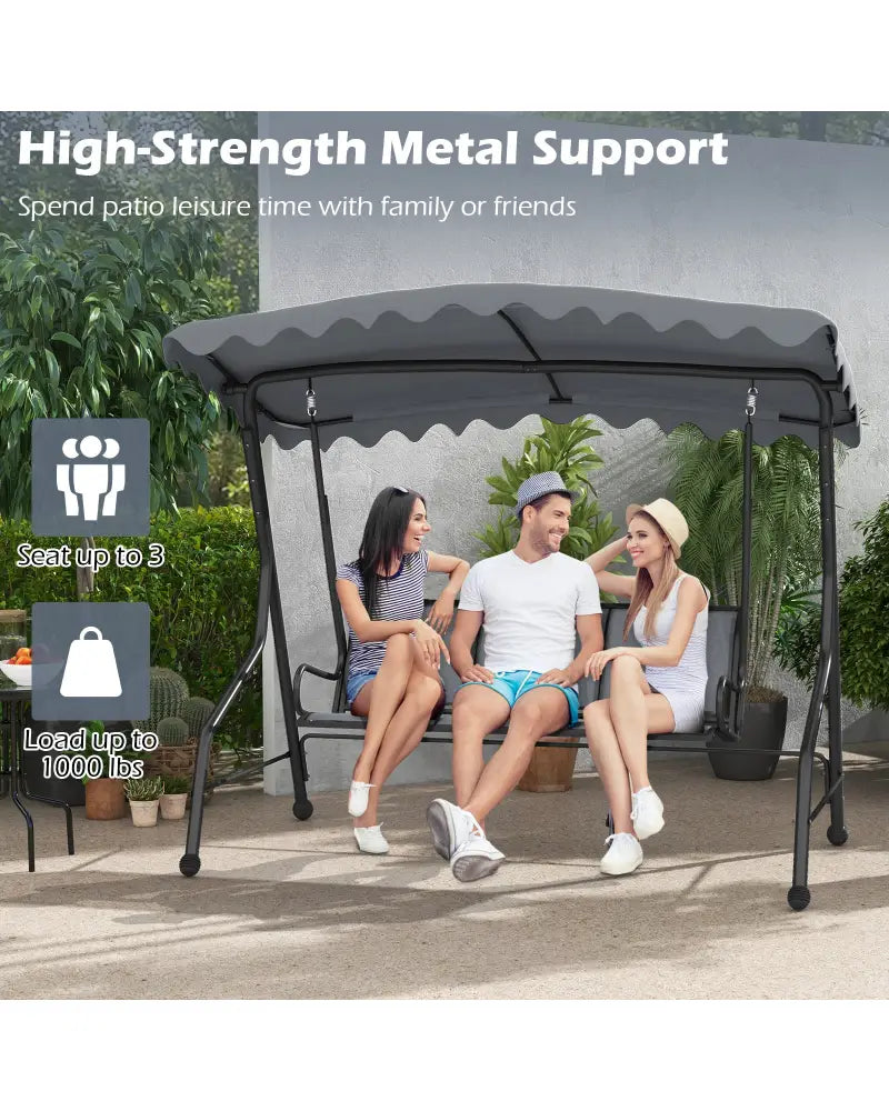 3-Seat Outdoor Porch Canopy Swing with Adjustable Shading-Gray - Gray - Porch Swings