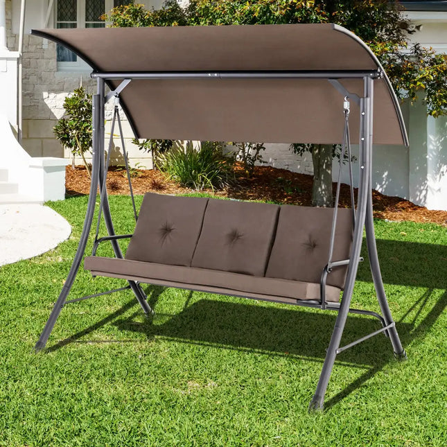 3-Seat Outdoor Porch Swing with Adjustable Canopy and Padded Cushions-Brown - Brown - Porch Swings