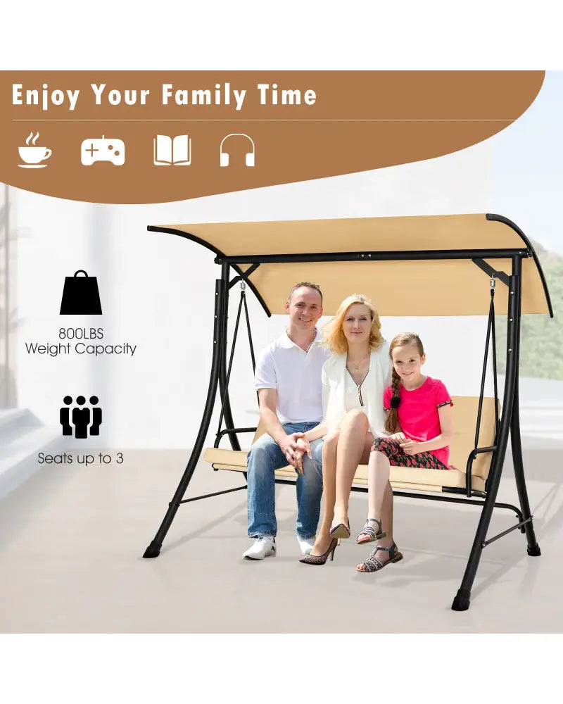 3-Seat Outdoor Porch Swing with Adjustable Canopy and Padded Cushions-Beige - Beige - Porch Swings
