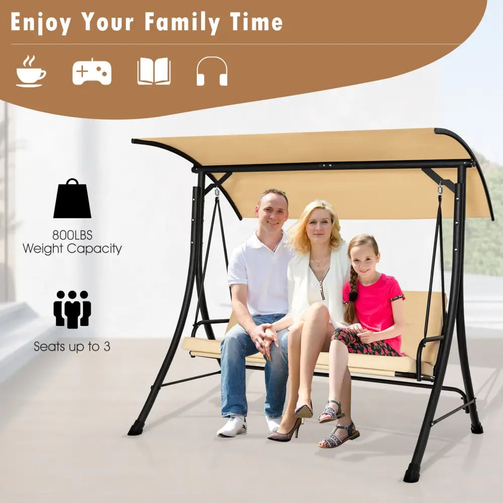 3-Seat Outdoor Porch Swing with Adjustable Canopy and Padded Cushions-Beige - Beige - Porch Swings