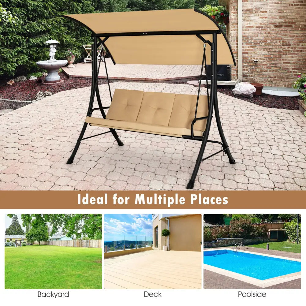3-Seat Outdoor Porch Swing with Adjustable Canopy and Padded Cushions-Beige - Beige - Porch Swings