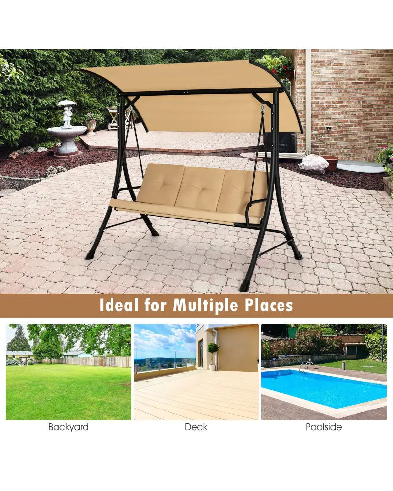 3-Seat Outdoor Porch Swing with Adjustable Canopy and Padded Cushions-Beige - Beige - Porch Swings