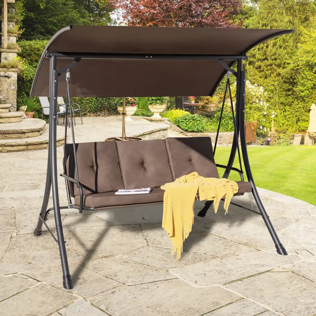 3-Seat Outdoor Porch Swing with Adjustable Canopy and Padded Cushions-Brown - Brown - Porch Swings