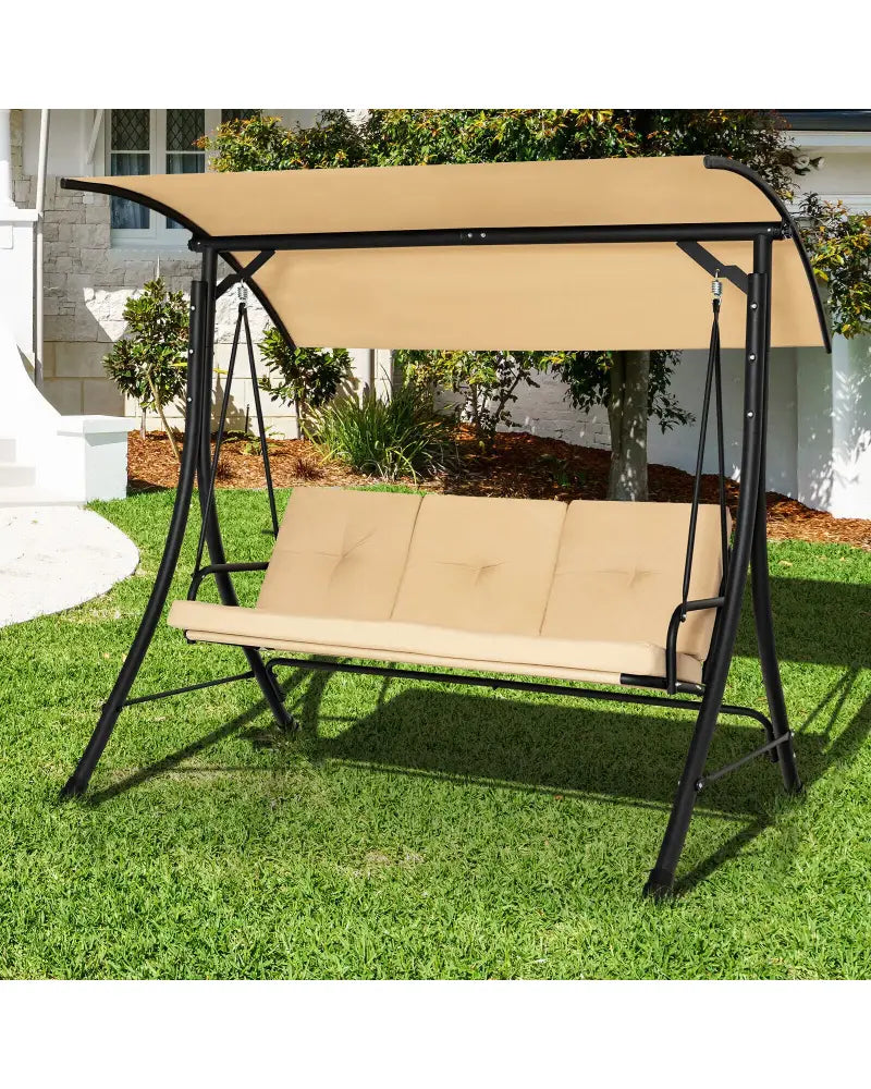 3-Seat Outdoor Porch Swing with Adjustable Canopy and Padded Cushions-Beige - Beige - Porch Swings