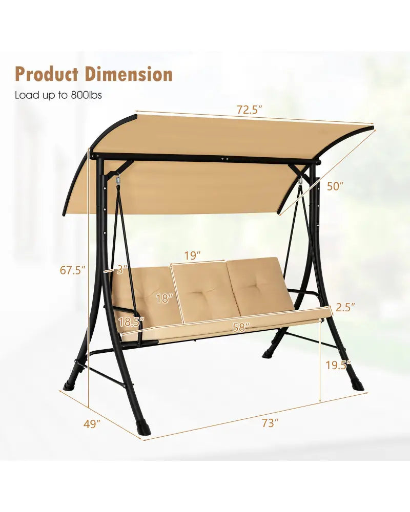 3-Seat Outdoor Porch Swing with Adjustable Canopy and Padded Cushions-Beige - Beige - Porch Swings