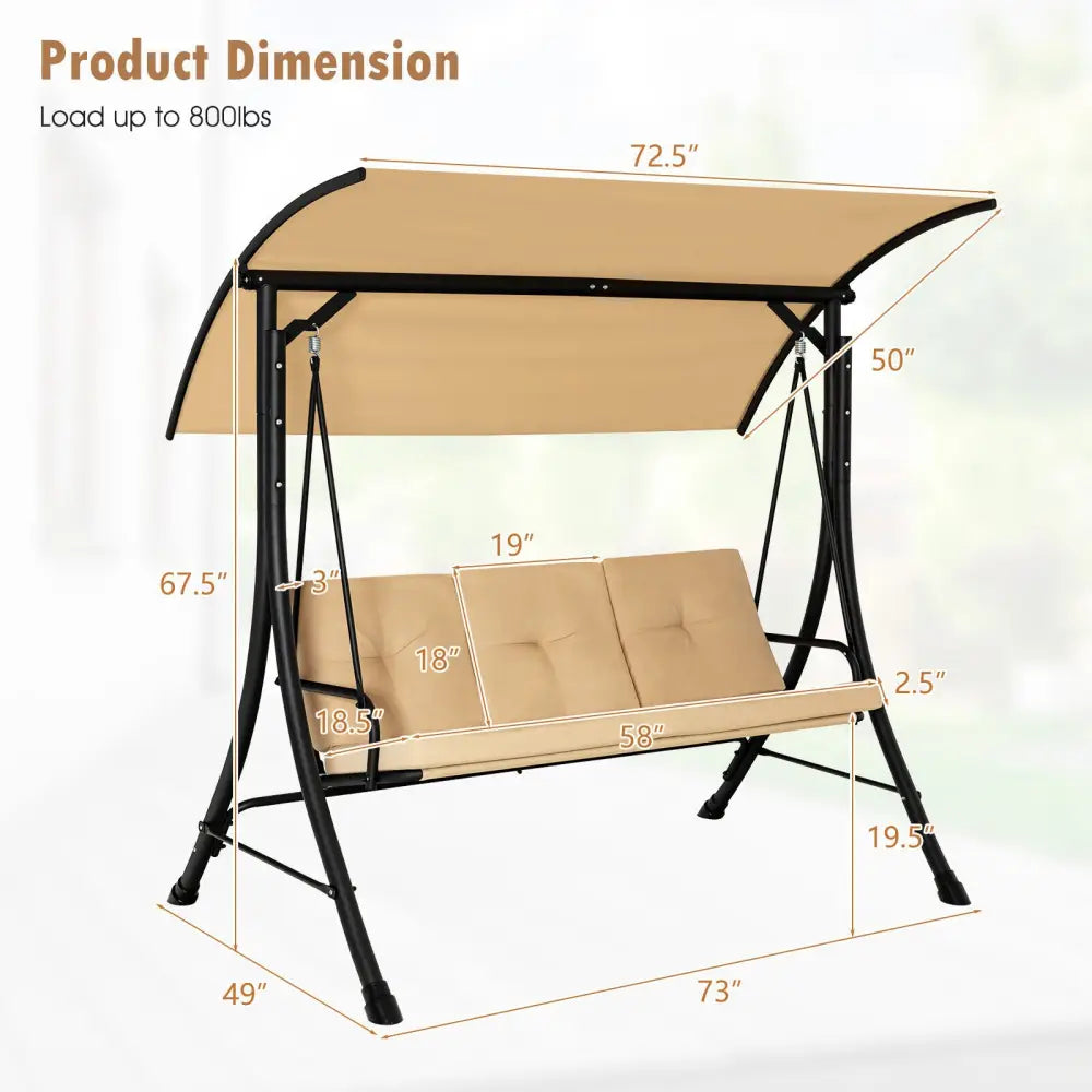 3-Seat Outdoor Porch Swing with Adjustable Canopy and Padded Cushions-Beige - Beige - Porch Swings