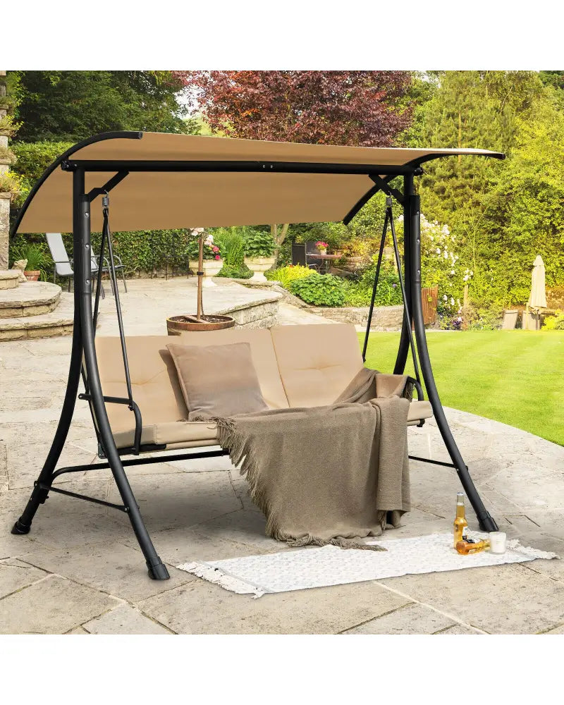 3-Seat Outdoor Porch Swing with Adjustable Canopy and Padded Cushions-Beige - Beige - Porch Swings