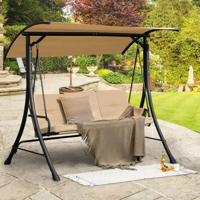 3-Seat Outdoor Porch Swing with Adjustable Canopy and Padded Cushions-Beige - Beige - Porch Swings