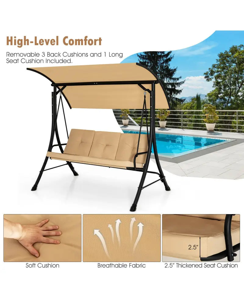 3-Seat Outdoor Porch Swing with Adjustable Canopy and Padded Cushions-Beige - Beige - Porch Swings