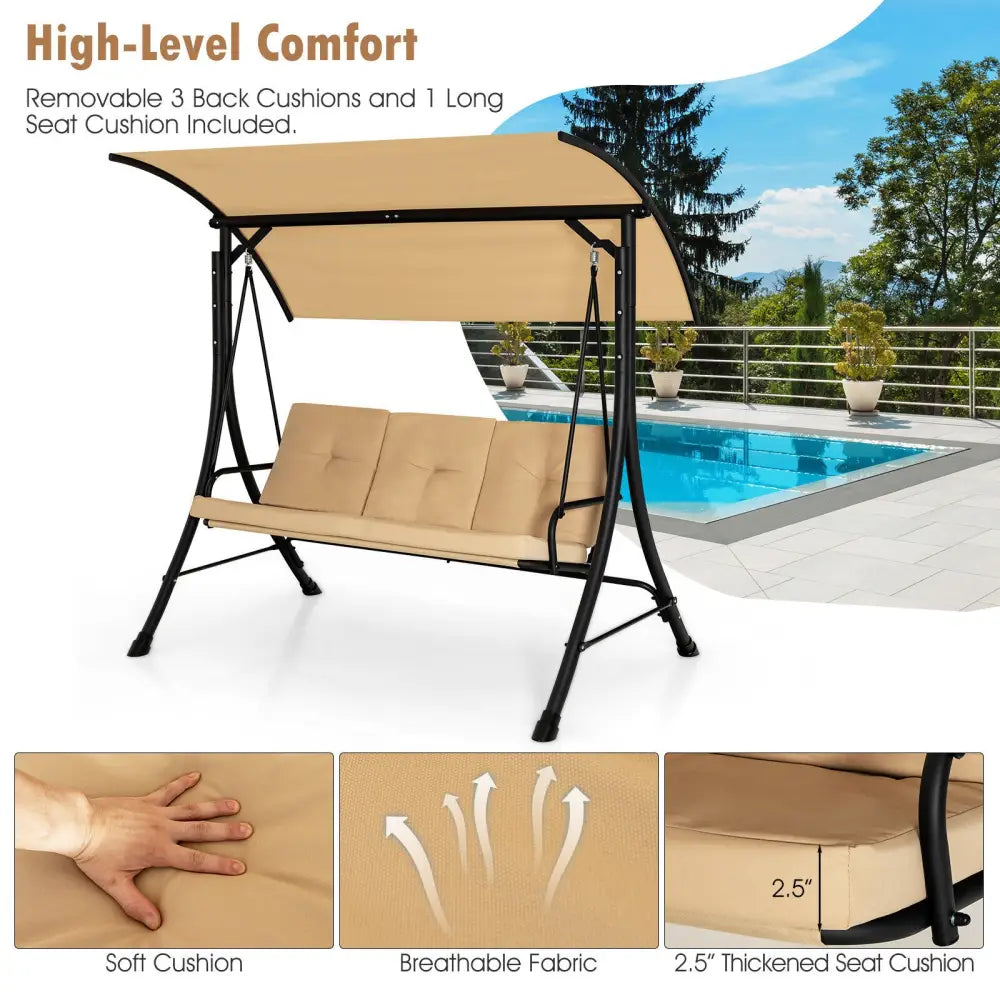 3-Seat Outdoor Porch Swing with Adjustable Canopy and Padded Cushions-Beige - Beige - Porch Swings