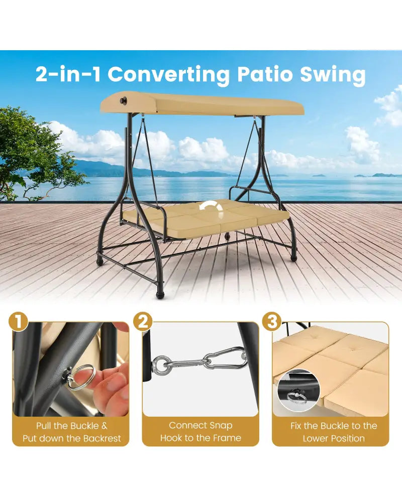 3 Seat Outdoor Porch Swing with Adjustable Canopy-Beige - Beige - Porch Swings