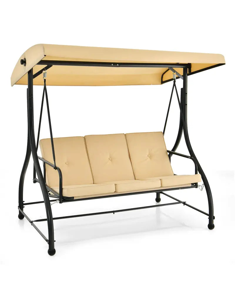 3 Seat Outdoor Porch Swing with Adjustable Canopy-Beige - Beige - Porch Swings