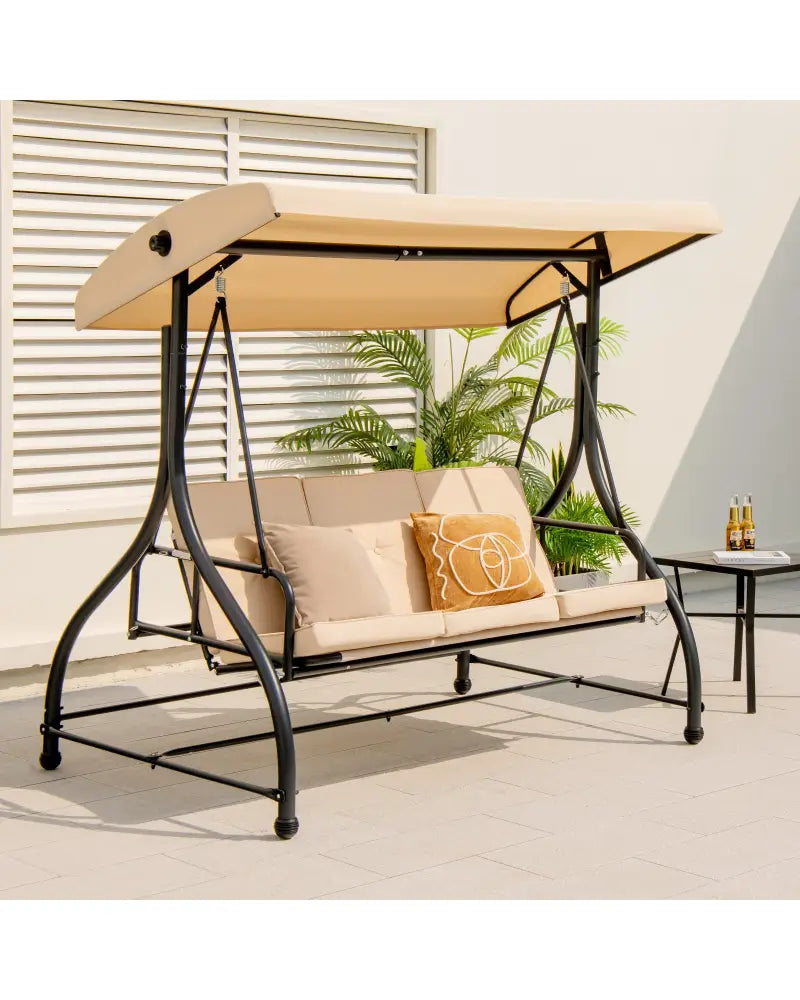 3 Seat Outdoor Porch Swing with Adjustable Canopy-Beige - Beige - Porch Swings