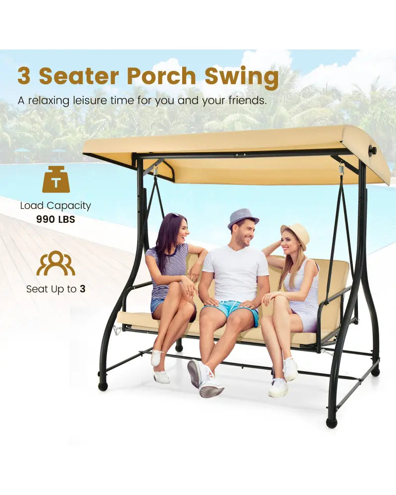 3 Seat Outdoor Porch Swing with Adjustable Canopy-Beige - Beige - Porch Swings