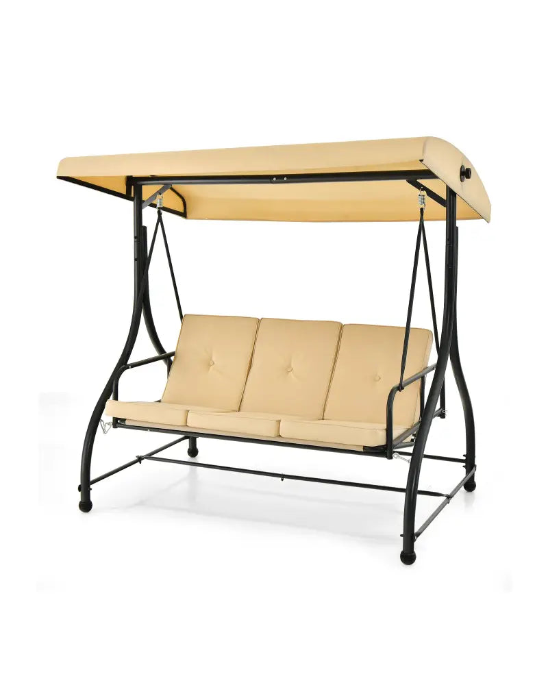 3 Seat Outdoor Porch Swing with Adjustable Canopy-Beige - Beige - Porch Swings