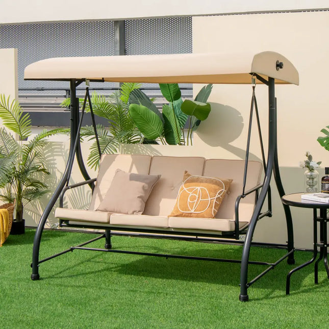 3 Seat Outdoor Porch Swing with Adjustable Canopy-Beige - Beige - Porch Swings