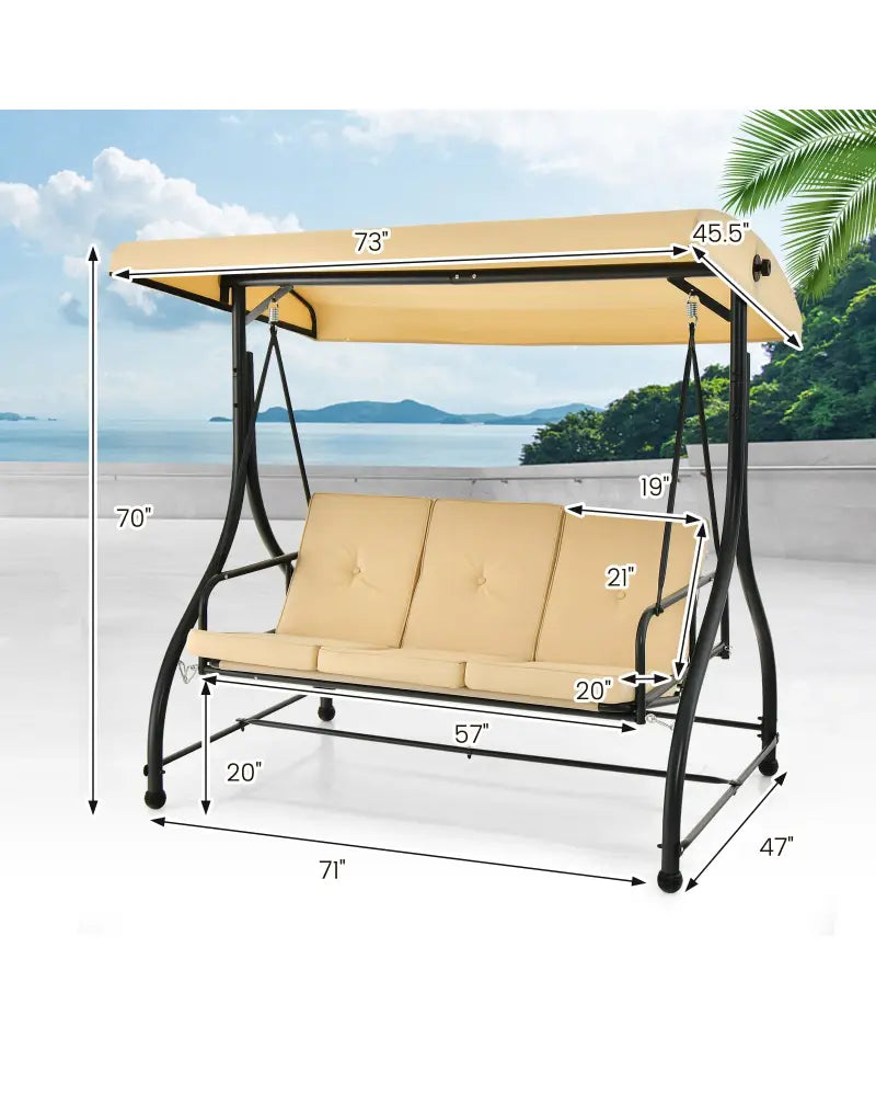 3 Seat Outdoor Porch Swing with Adjustable Canopy-Beige - Beige - Porch Swings