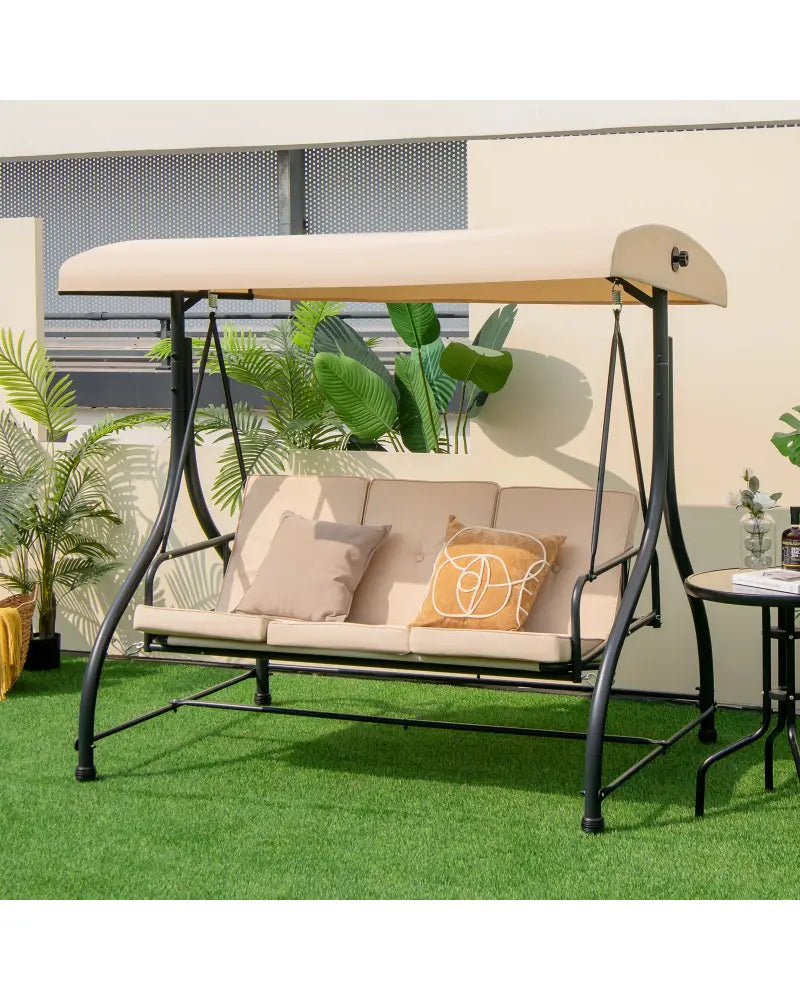 3 Seat Outdoor Porch Swing with Adjustable Canopy-Beige - Beige - Porch Swings