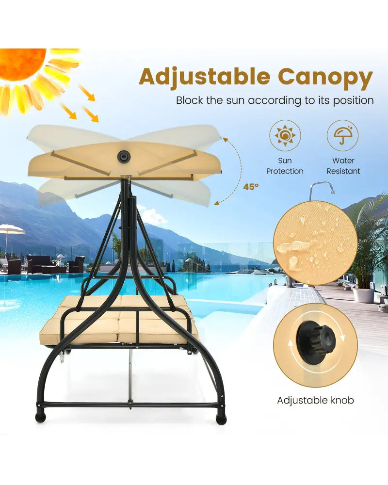 3 Seat Outdoor Porch Swing with Adjustable Canopy-Beige - Beige - Porch Swings