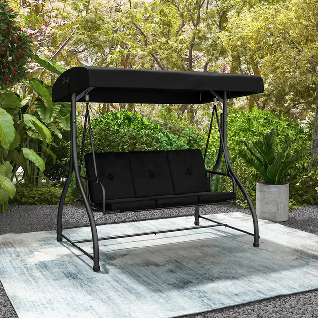 3 Seat Outdoor Porch Swing with Adjustable Canopy-Black - Black - Porch Swings