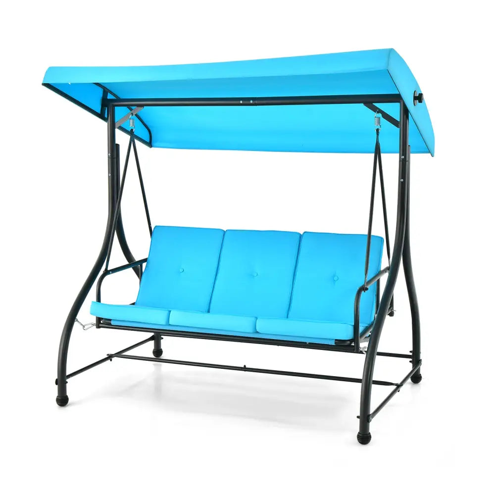 3 Seat Outdoor Porch Swing with Adjustable Canopy-Blue - Blue - Porch Swings