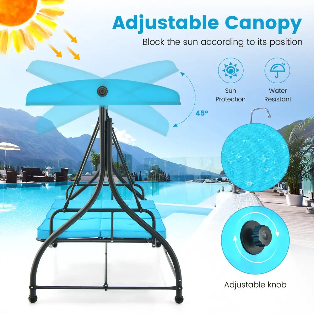 3 Seat Outdoor Porch Swing with Adjustable Canopy-Blue - Blue - Porch Swings