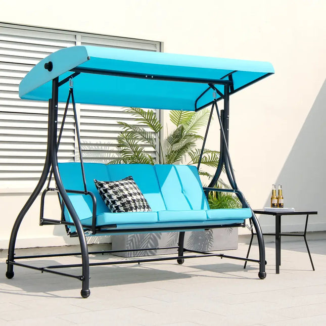 3 Seat Outdoor Porch Swing with Adjustable Canopy-Blue - Blue - Porch Swings