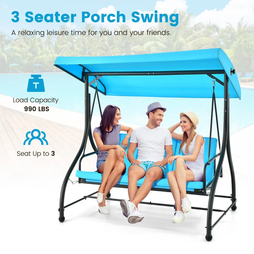 3 Seat Outdoor Porch Swing with Adjustable Canopy-Blue - Blue - Porch Swings