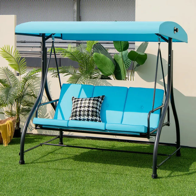 3 Seat Outdoor Porch Swing with Adjustable Canopy-Blue - Blue - Porch Swings