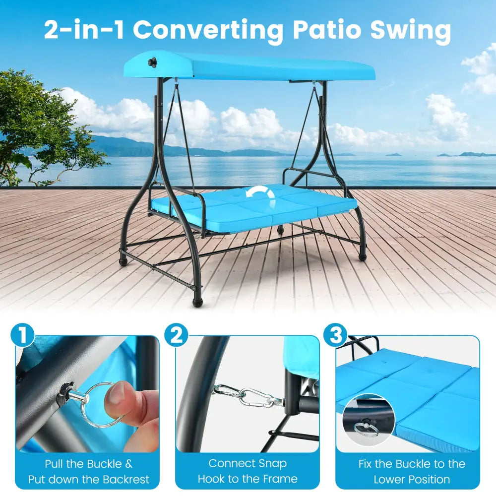 3 Seat Outdoor Porch Swing with Adjustable Canopy-Blue - Blue - Porch Swings